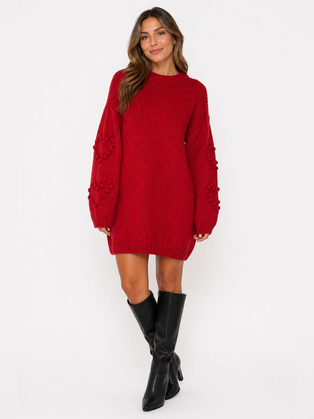 4SI3NNA Red Heart Pom-Pom Sleeve Knit Mini Dress